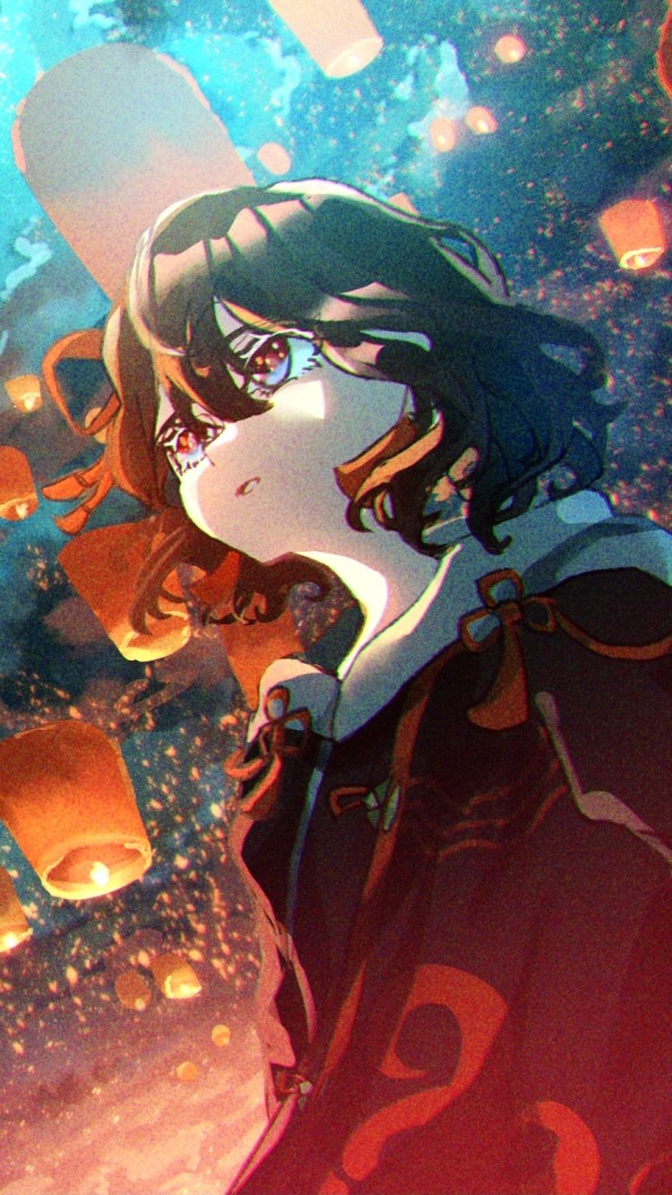 Anime girl with dark hair gazes upward amid glowing lanterns, creating a vibrant and dreamy phone wallpaper for iPhones and Android devices.