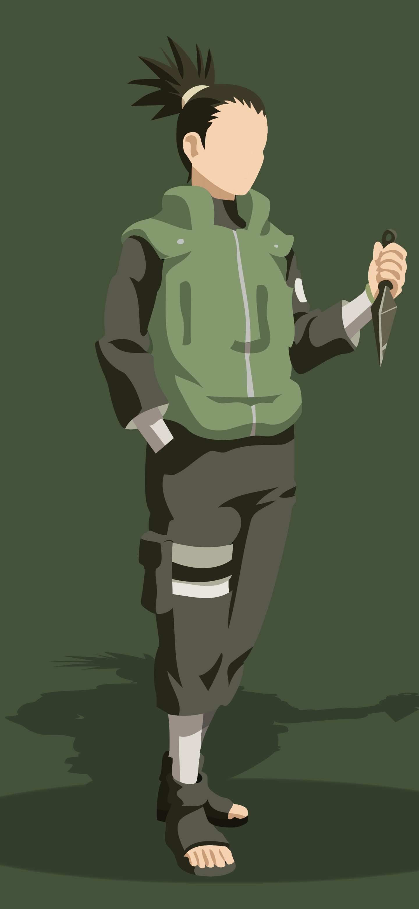Minimalist phone wallpaper of anime character Shikamaru Nara (Naruto): faceless stylized figure in green flak jacket holding a kunai on an olive background.