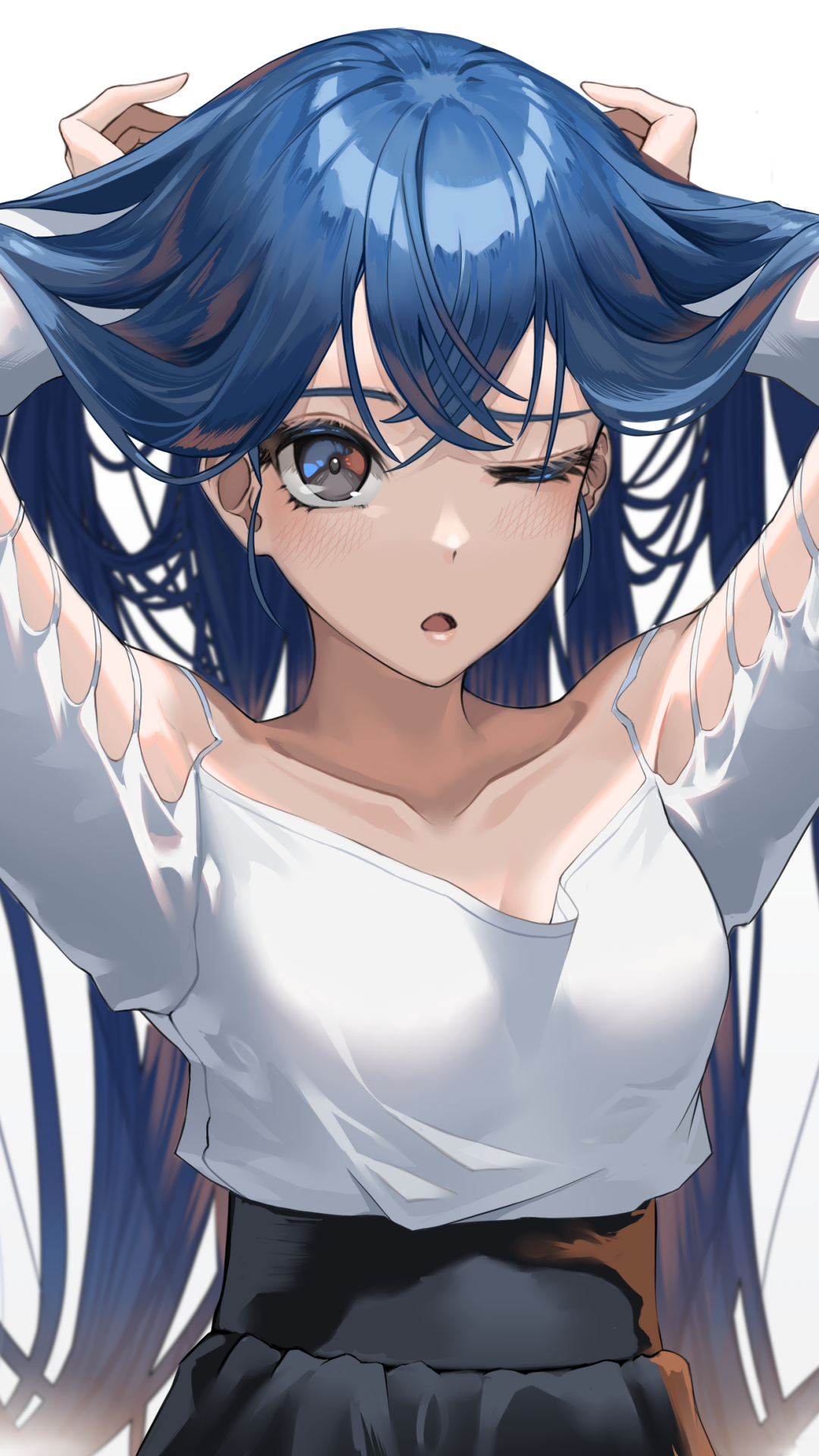 Phone wallpaper featuring an anime girl with blue hair, winking as she lifts her long locks, wearing an off-shoulder white top and a black skirt.