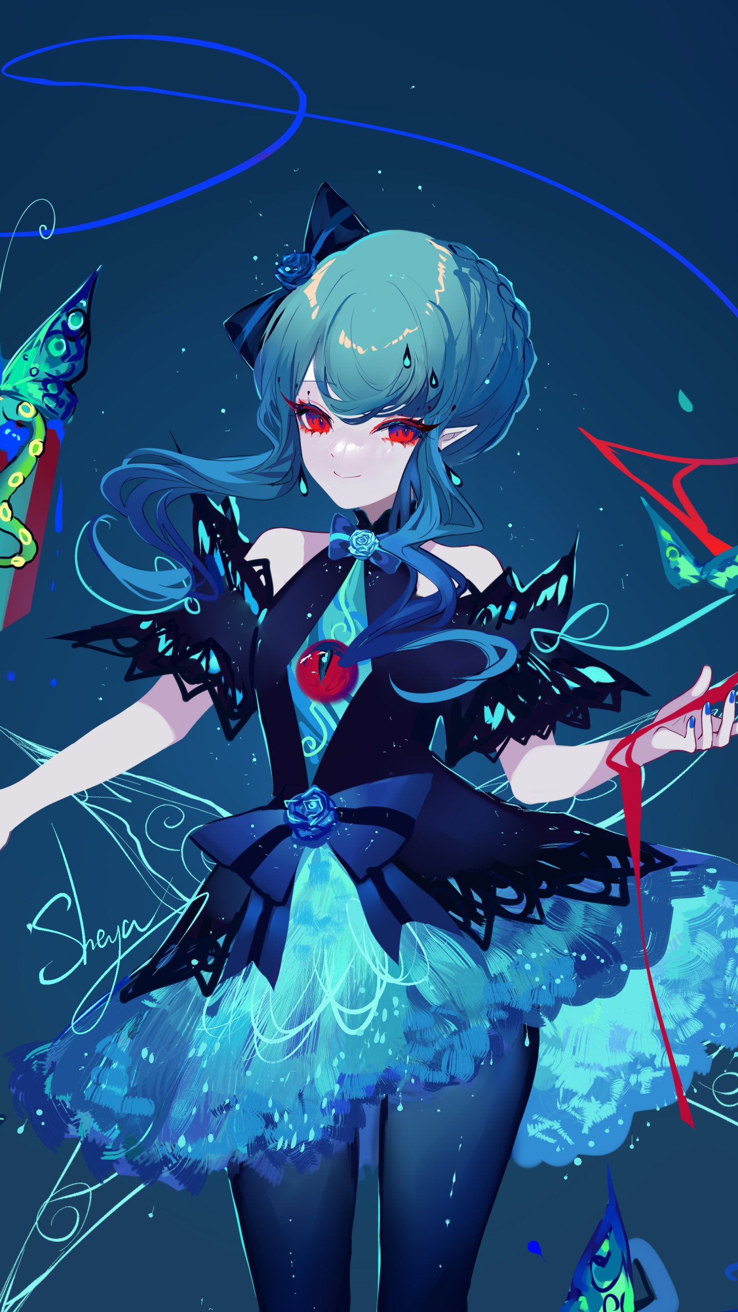 Blue-haired anime girl with red eyes in a dark, frilled dress, glowing blue accents and ribbons against a deep, starry background — phone wallpaper illustration.