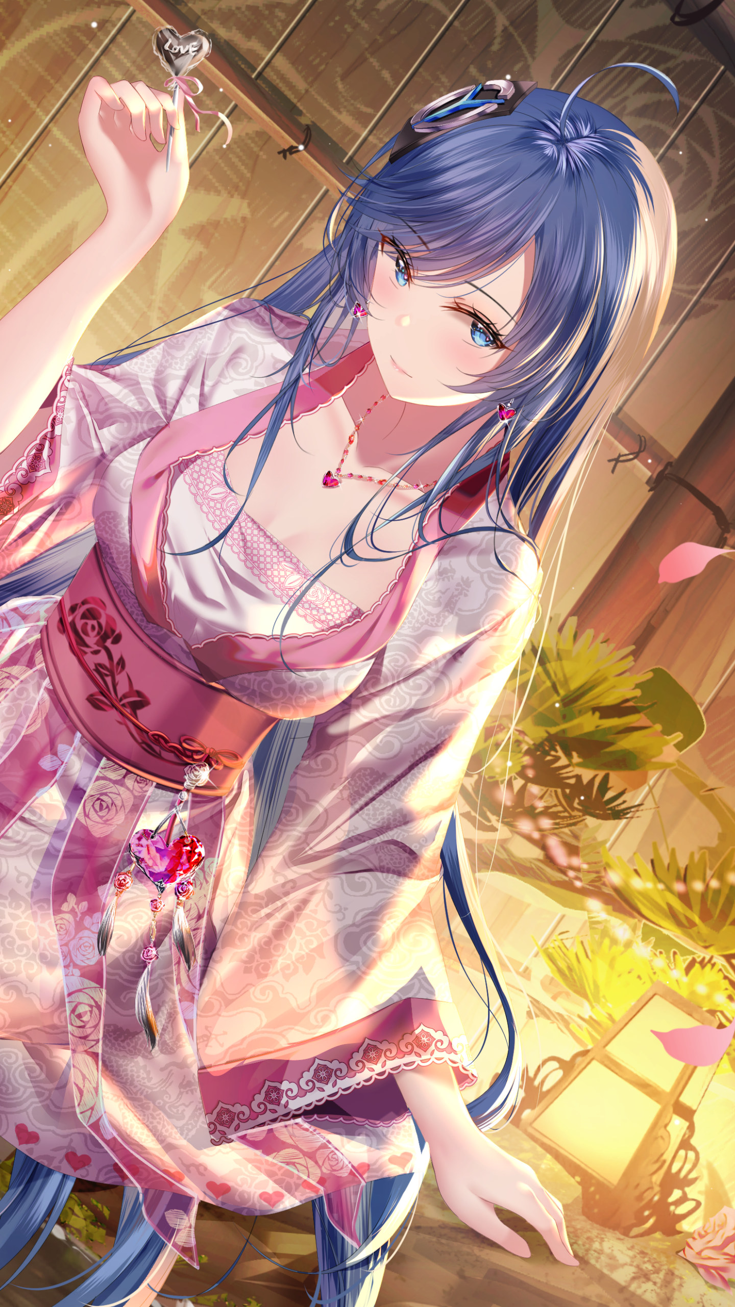Phone wallpaper of an anime girl with long blue hair wearing a floral kimono, smiling in warm lantern light with delicate jewelry and falling petals.