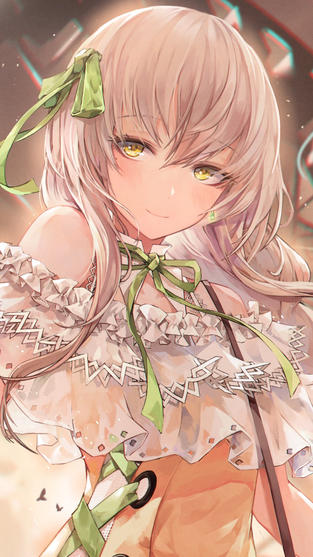 Anime girl with yellow eyes and long blonde hair, wearing a detailed off-shoulder dress with green ribbons, designed as a vibrant phone wallpaper for iPhone and Android.