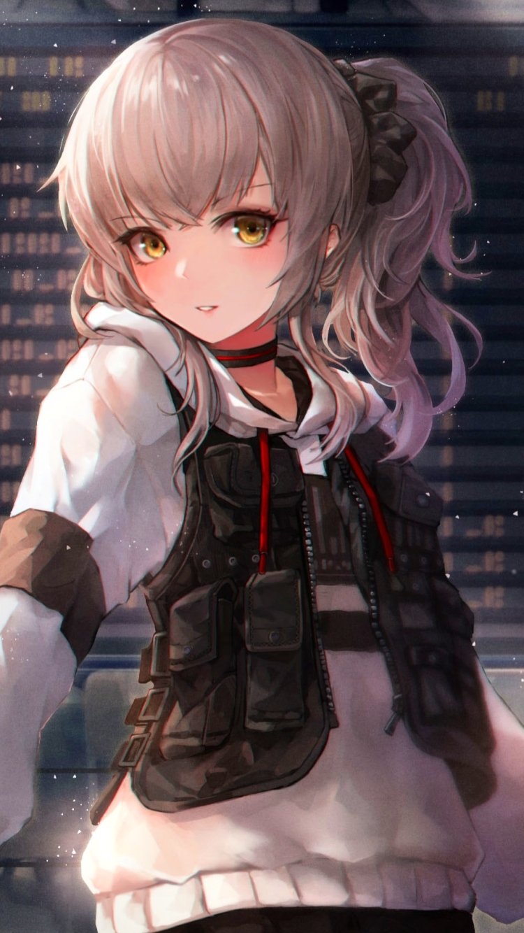 Phone wallpaper of an anime girl with grey hair tied back and striking yellow eyes, wearing a hoodie and tactical vest, standing against a softly lit city-night background.
