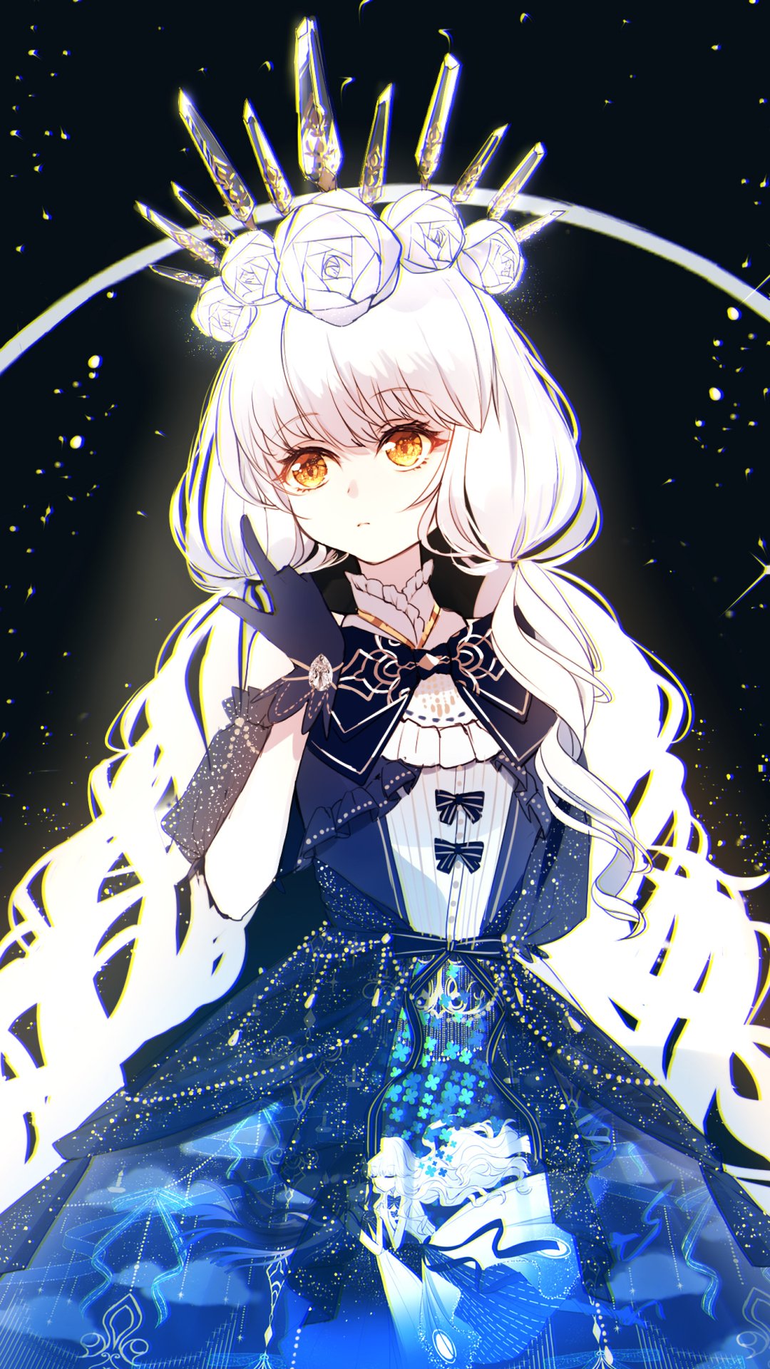 Phone wallpaper of an anime girl with long white hair, glowing yellow eyes, a rose crown and navy starry gown, framed by a crescent halo.