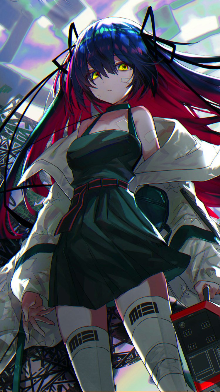 Anime girl with dark hair and striking yellow eyes in a stylish outfit, featured as a vibrant phone wallpaper compatible with iPhones and Android devices.