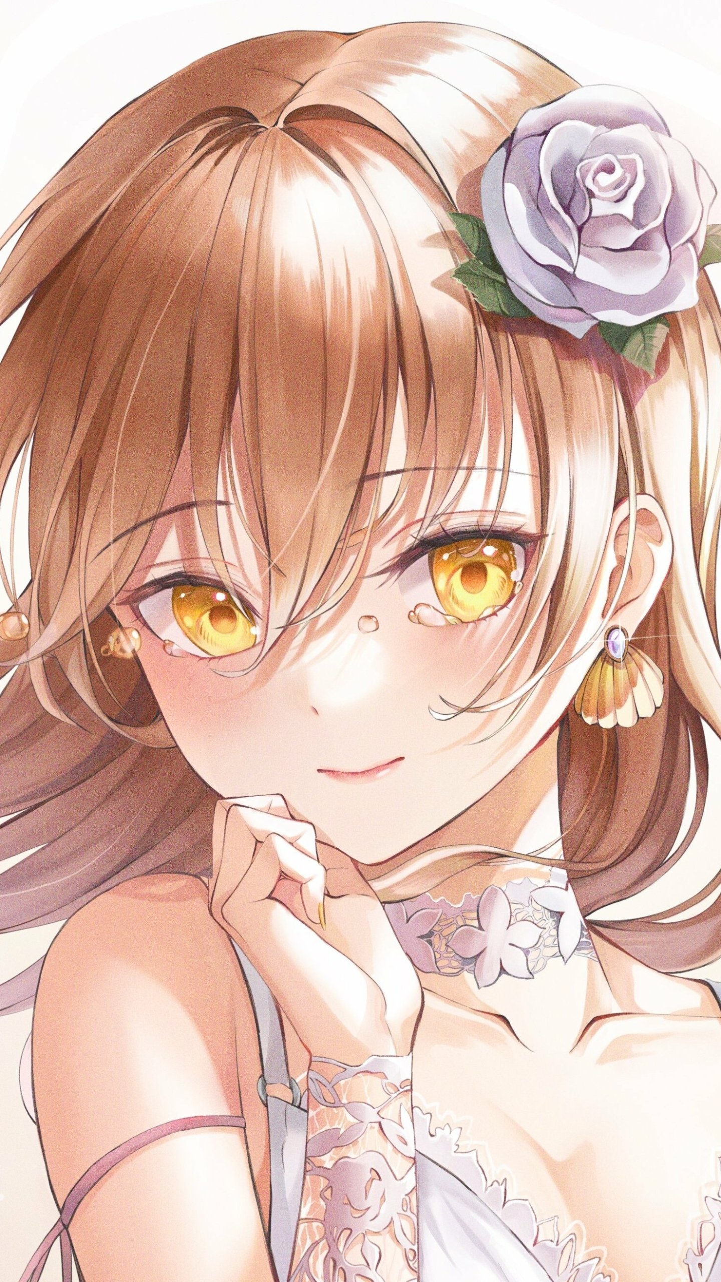 Phone wallpaper of an anime girl with brown hair and yellow eyes, softly smiling while wearing a lace choker and a rose hair accessory.