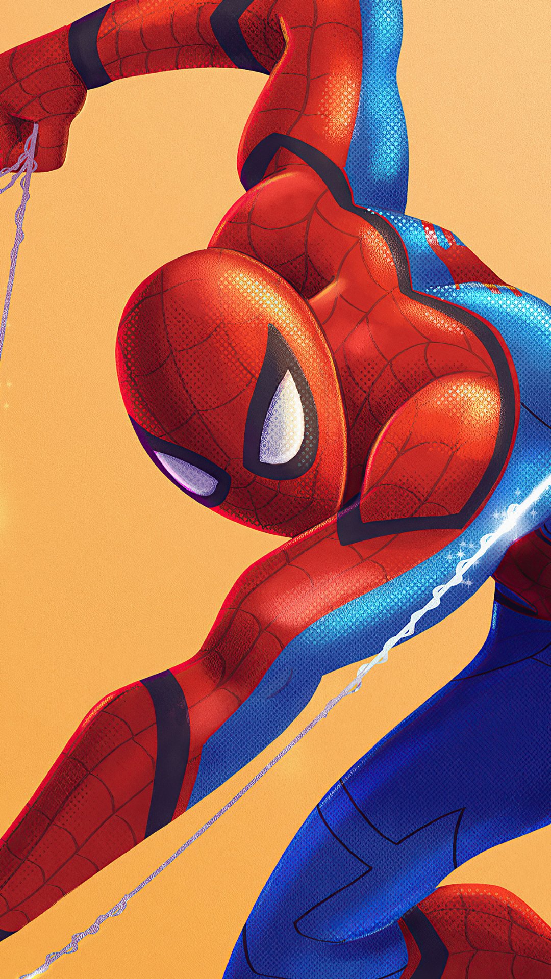Comic-style Spider-Man mid-swing on a web against an orange backdrop; vertical phone wallpaper sized for iPhone and Android.