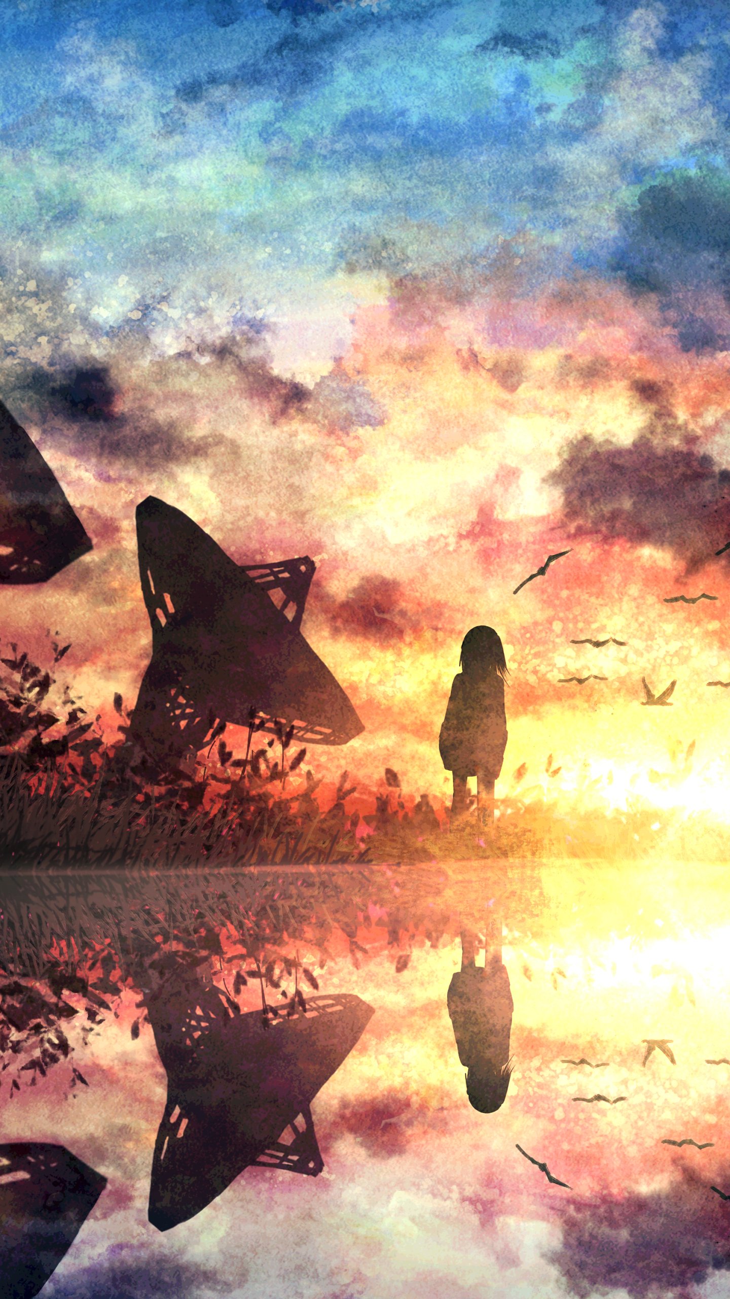 Phone wallpaper showing an anime girl silhouette at sunset, reflected in calm water, with satellite dishes and birds against a vivid, colorful sky.
