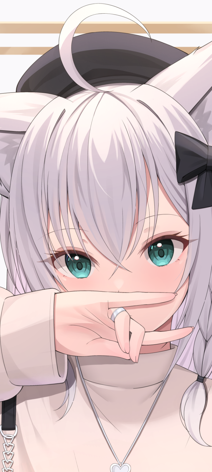 Close-up anime-style portrait of Shirakami Fubuki from Hololive with white hair, teal eyes, and fox ears, designed as a vibrant virtual YouTuber phone wallpaper.