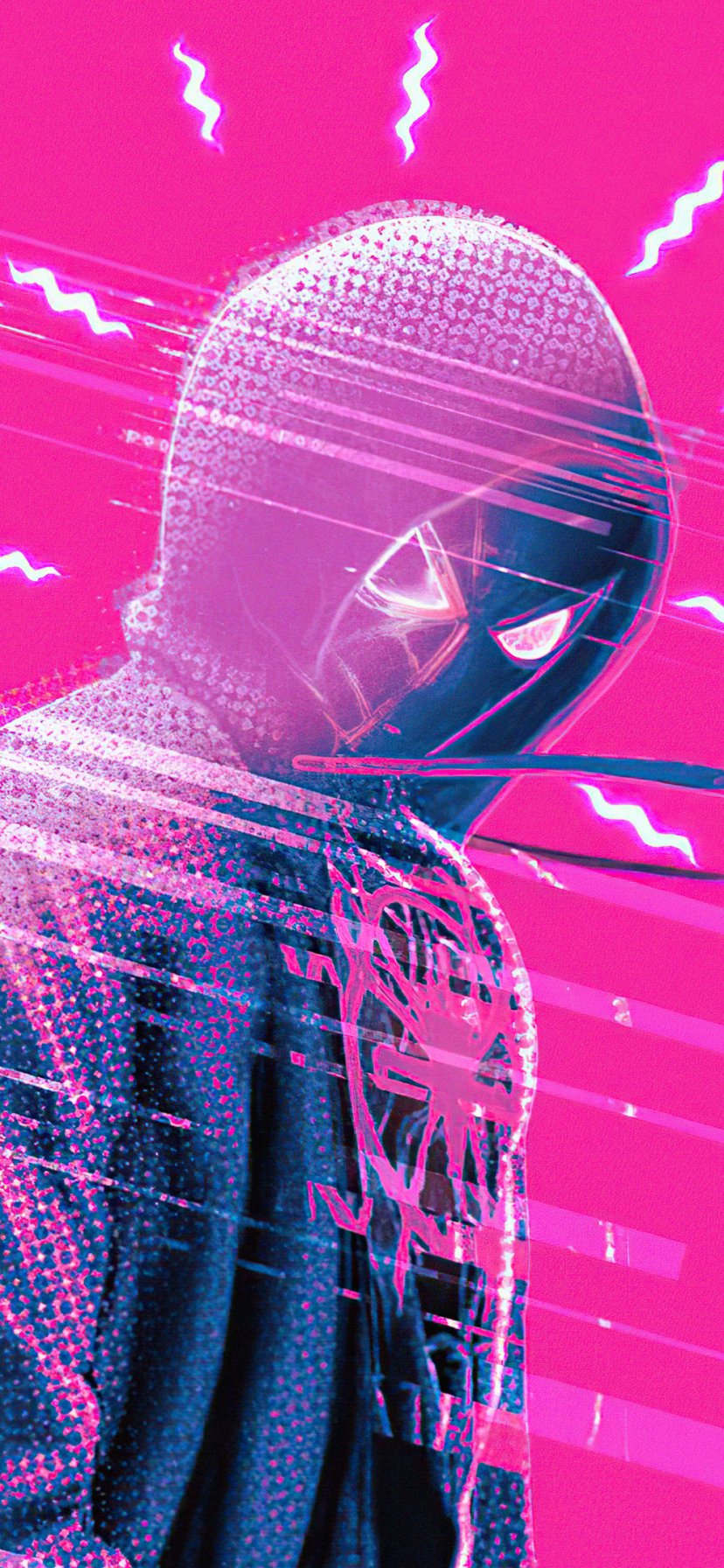 Phone wallpaper of Miles Morales as Spider-Man from the video game Marvel's Spider-Man: Miles Morales — neon-pink, stylized hooded portrait with glowing eyes and motion streaks.