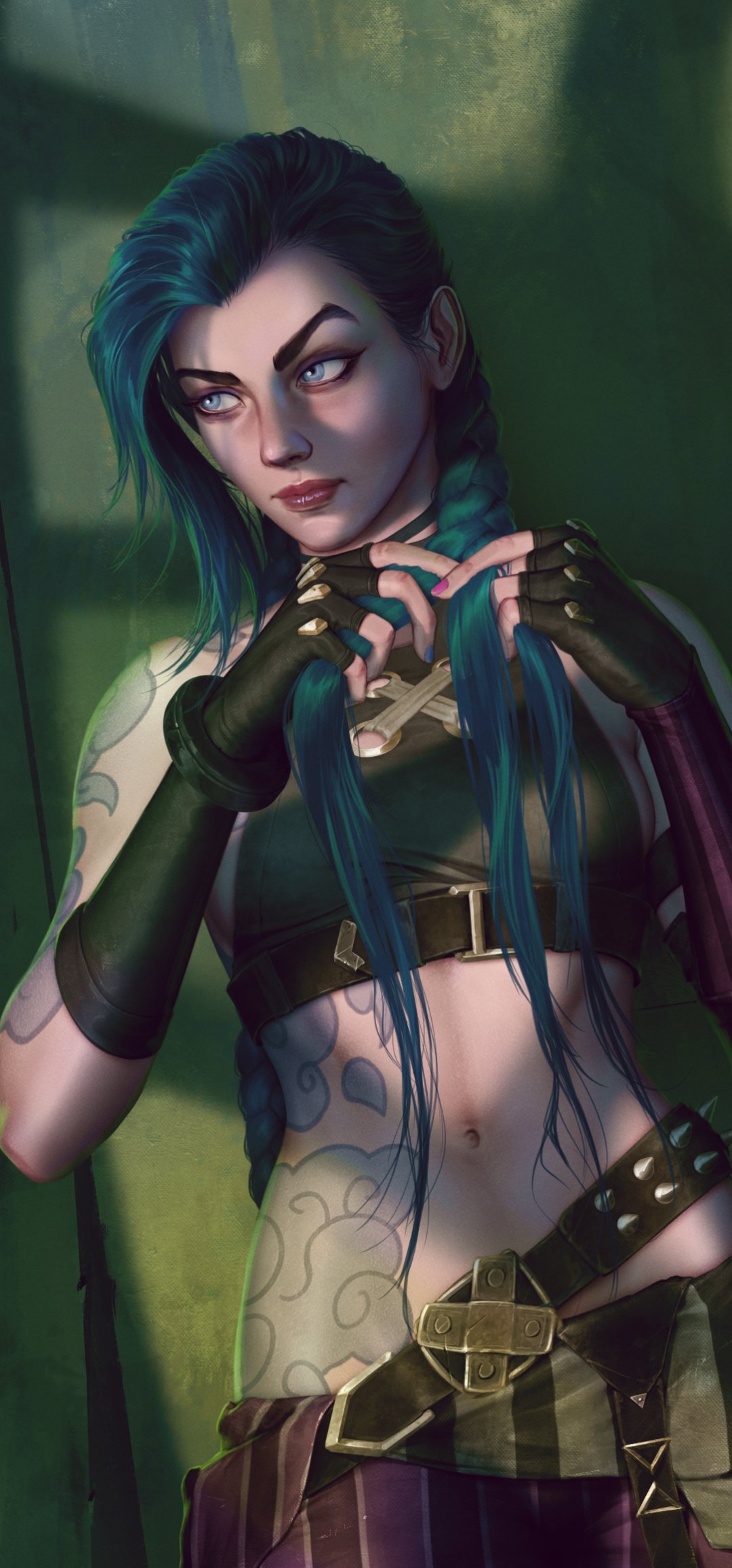 Phone wallpaper featuring Jinx from the Arcane TV show with vibrant blue hair and a confident pose, styled for both iPhone and Android screens.