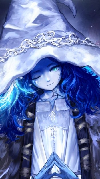 Phone wallpaper of Ranni the Witch from the video game Elden Ring: hooded blue-haired sorceress with a glowing eye, clasped hands and a moonlit, ethereal aura.