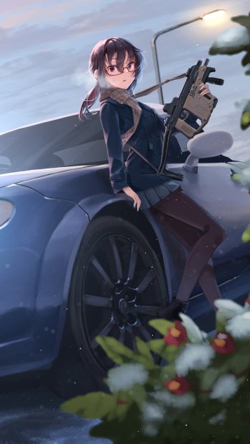 Phone wallpaper of an anime girl leaning against a blue Mazda MX-5 Miata at dusk under streetlights, with flowers in the foreground.