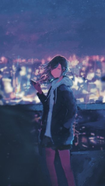 Phone wallpaper showing an anime girl on a rooftop at night, city lights blurred behind her, wind-tousled hair and moody blue-purple tones.