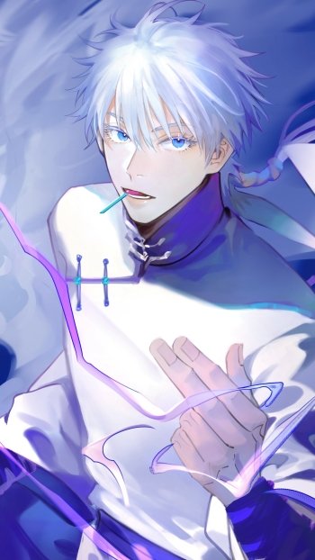Phone wallpaper featuring Satoru Gojo from Jujutsu Kaisen with glowing blue eyes and white hair, designed for both iPhone and Android displays.