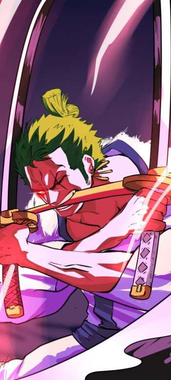 Anime-style phone wallpaper featuring Roronoa Zoro from One Piece, poised with swords in dynamic action, designed for both iPhones and Android devices.