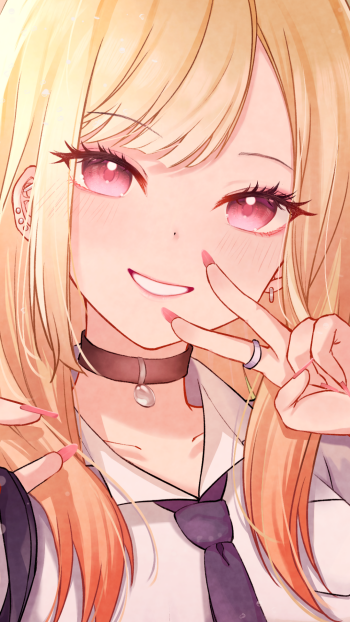 Phone wallpaper close-up of Marin Kitagawa from My Dress-Up Darling, smiling and flashing a V-sign; blonde hair, pink eyes, choker and school uniform, warm lighting and soft blush.