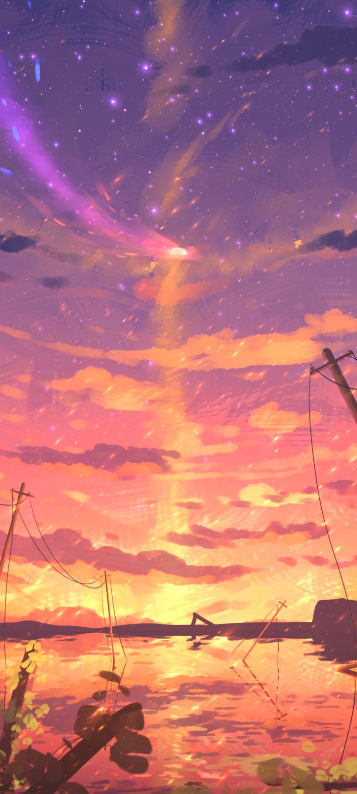 Anime phone wallpaper titled Sky Anime: a purple-orange sunset sky with stars and aurora-like streaks over mirrored water, silhouetted poles and a distant boat.