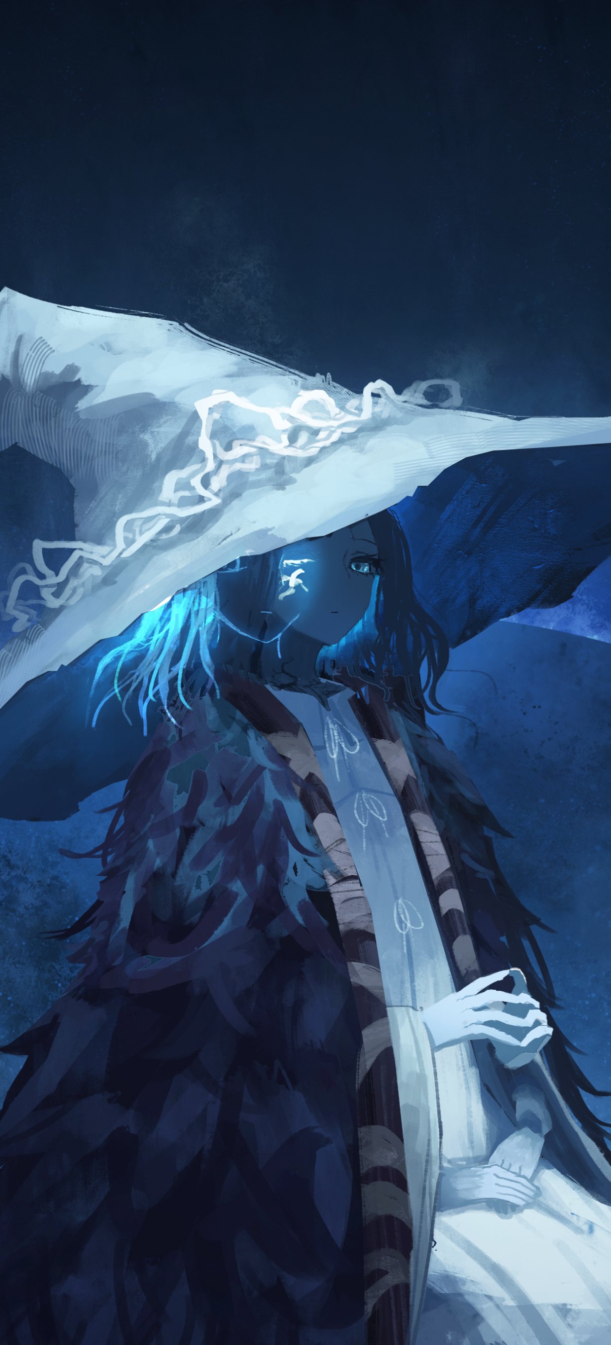 Phone wallpaper of Ranni the Witch from the video game Elden Ring: moonlit blue portrait, oversized hat, glowing hair and arcane runes.