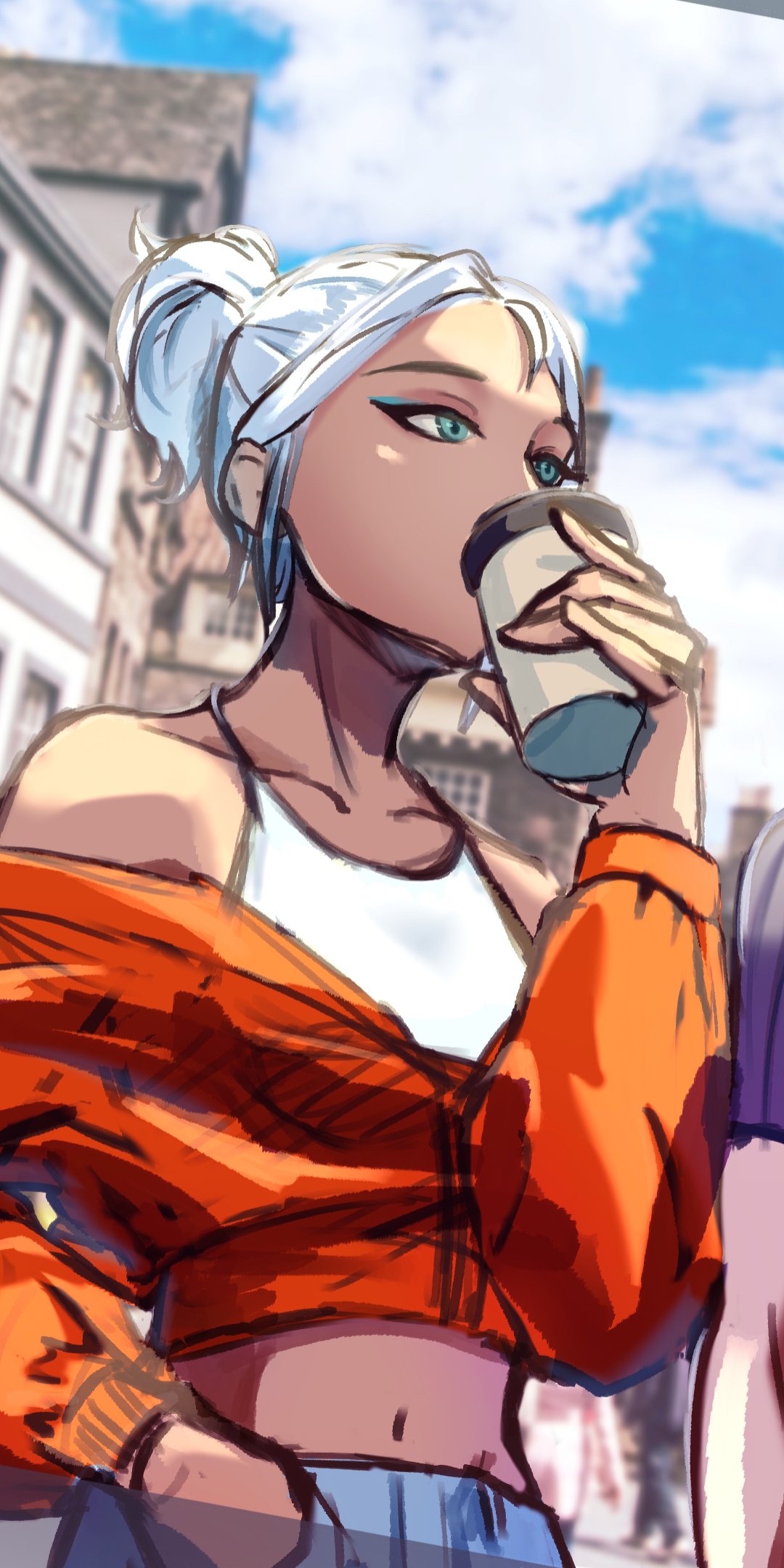 Phone wallpaper of Jett (Valorant) from the video game Valorant: cropped portrait of her in an orange jacket and headwrap, sipping a coffee against a sunlit city street.