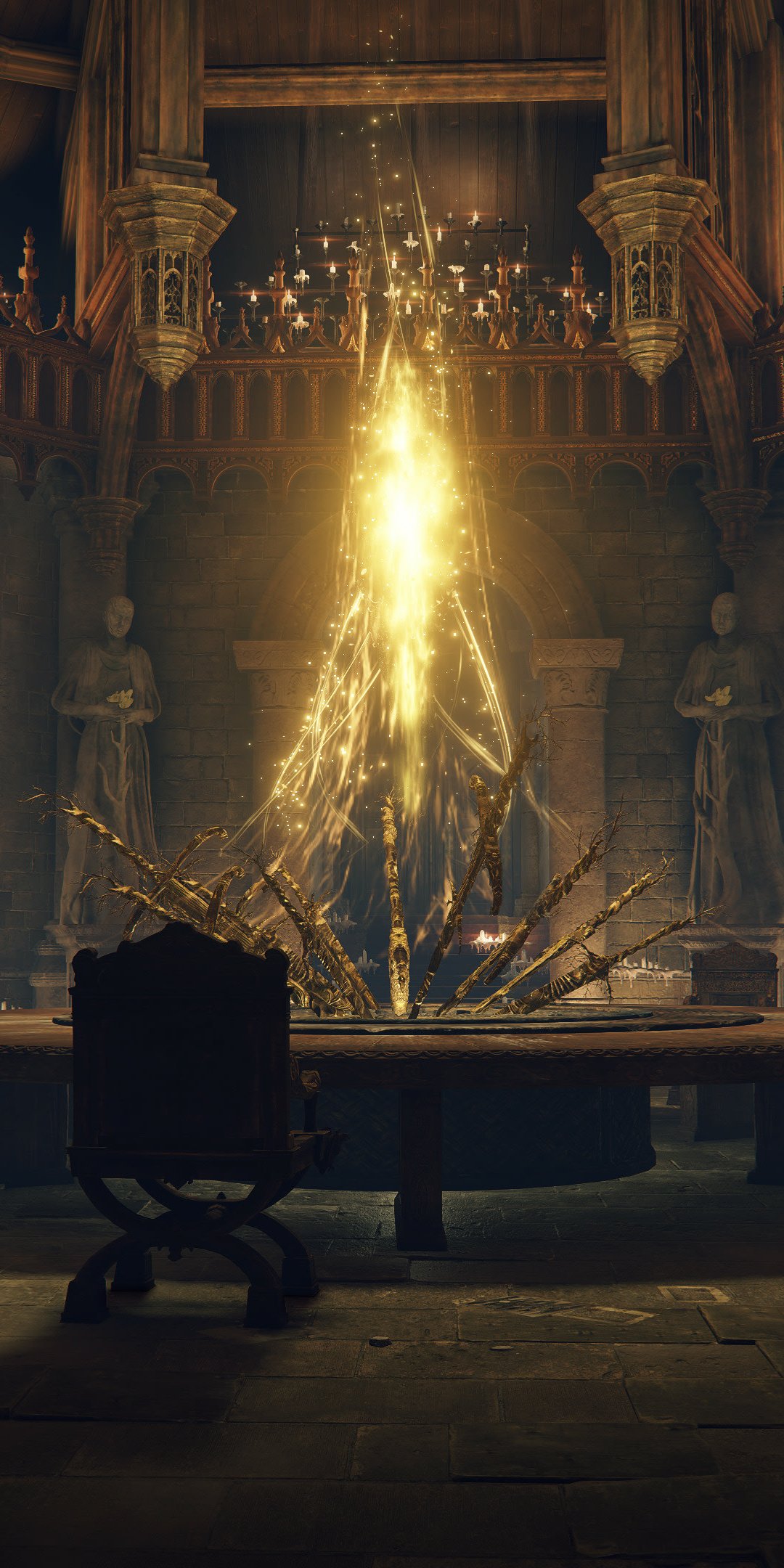Phone wallpaper featuring a glowing bonfire from the video game Elden Ring, set in a medieval hall with statues and candles, designed for iPhones and Android devices.