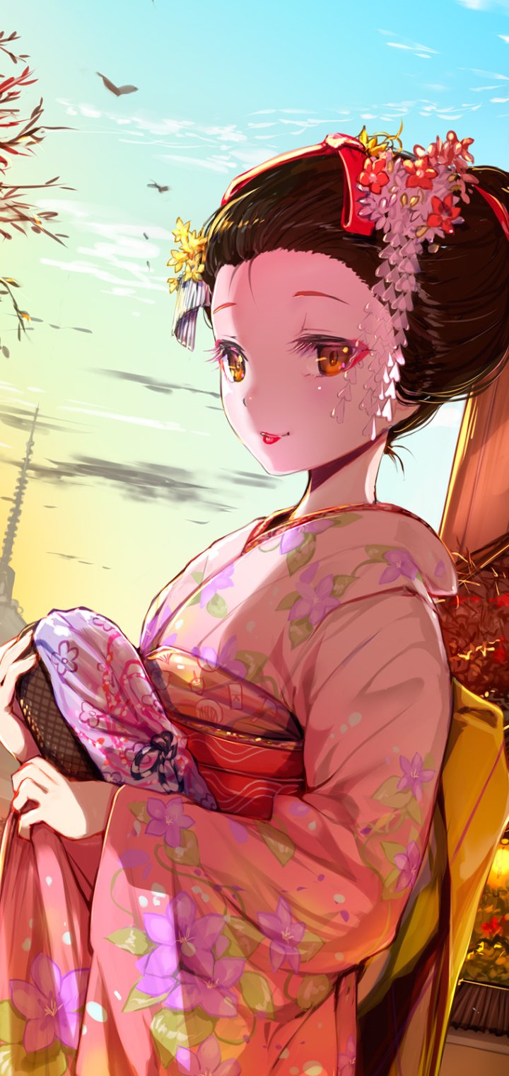 Anime phone wallpaper of a geisha girl in a floral kimono, hair decorated with kanzashi and blossoms, holding an obi as she gazes serenely at a warm sunset.