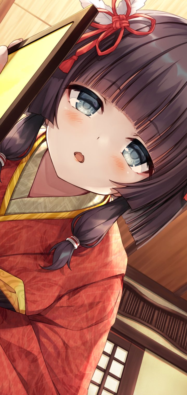 Phone wallpaper of an anime girl — close-up of a blue-eyed girl in a red kimono with braided dark hair and a red ribbon, leaning by a shoji screen.