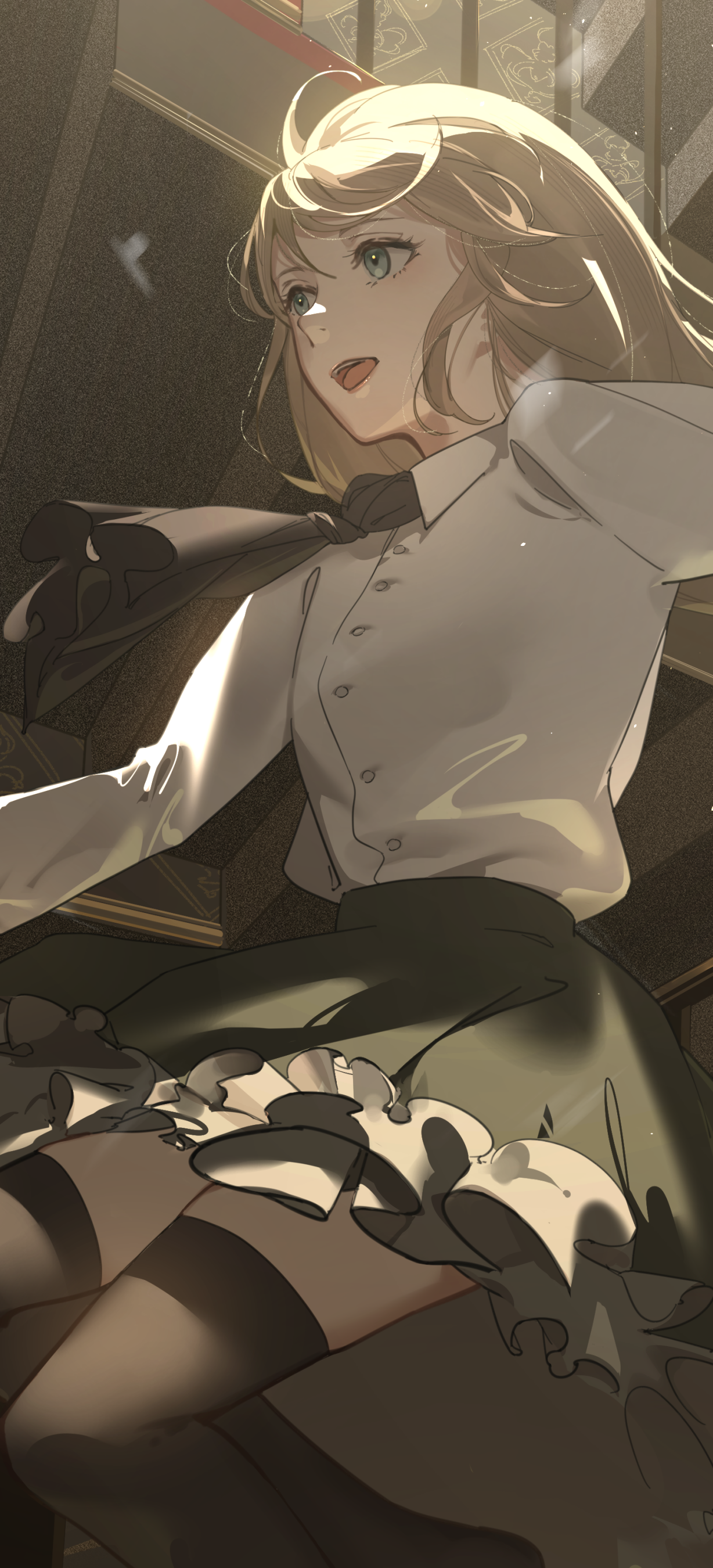 Phone wallpaper of an anime girl — blonde with green eyes, white blouse and frilled skirt, shown from a low angle with wind-swept hair and dramatic sunlight.