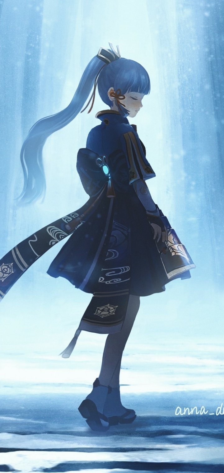 Vertical phone wallpaper of Kamisato Ayaka from the video game Genshin Impact, shown in profile with a pale-blue ponytail and ornate kimono, bathed in icy blue light with drifting snow.