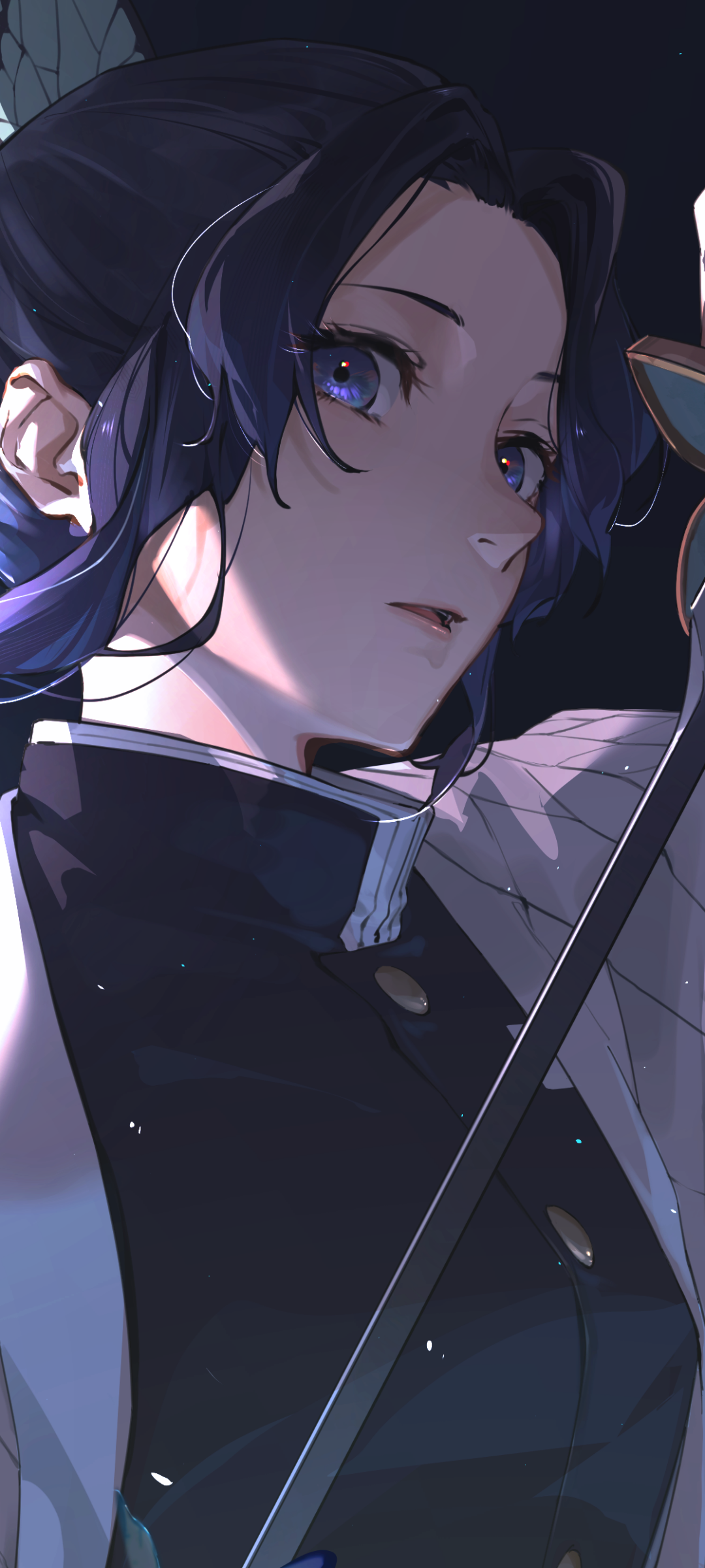 Phone wallpaper of Shinobu Kochou (Anime, Demon Slayer: Kimetsu no Yaiba) — close-up portrait, soft lighting, butterfly motif and calm expression.