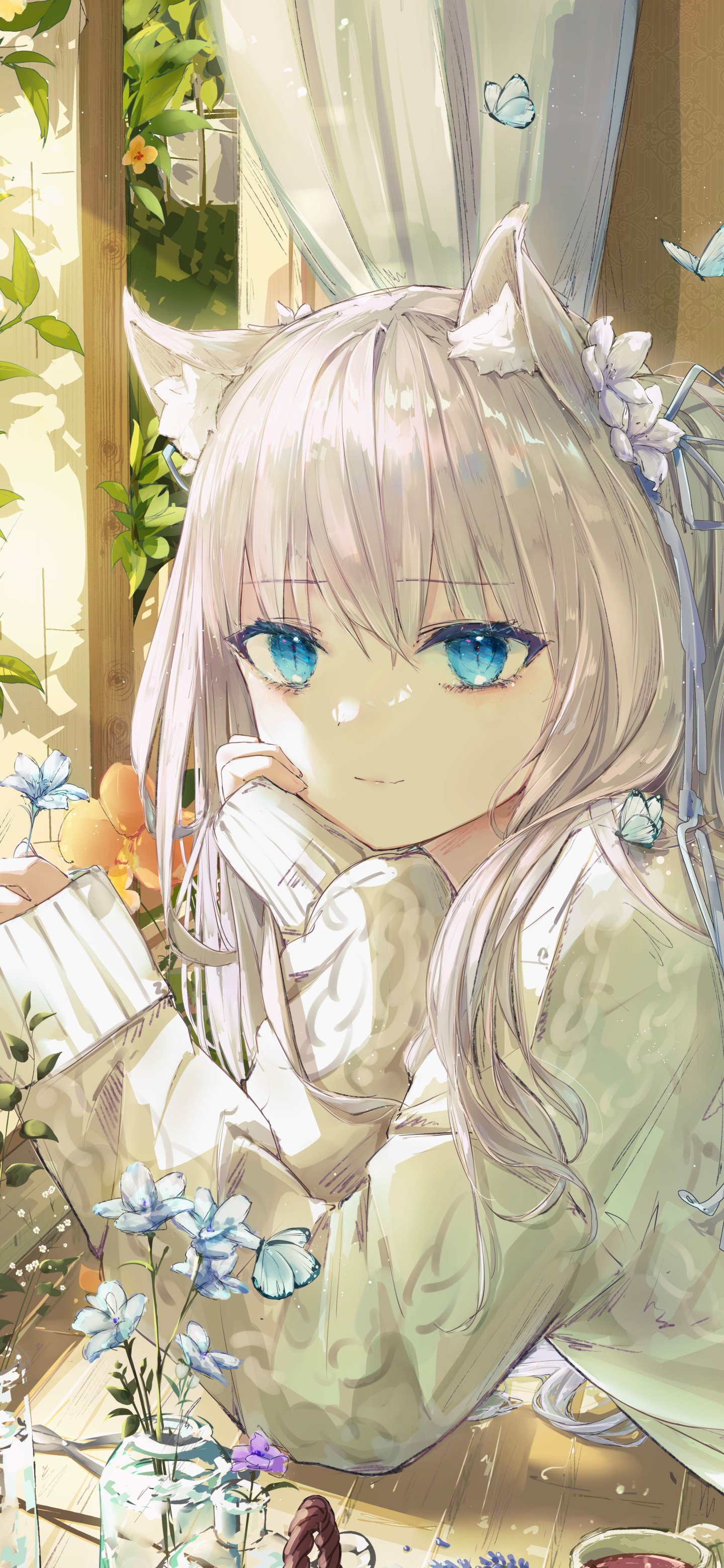 Anime girl phone wallpaper: silver-haired, cat-eared girl with bright blue eyes resting in a sunlit, flower-filled room, soft pastel colors and delicate details.