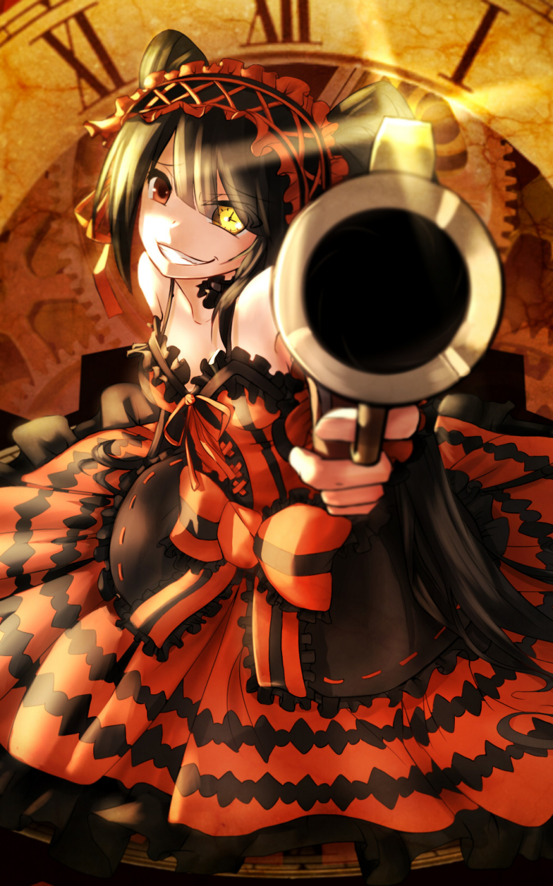 Anime phone wallpaper of Kurumi Tokisaki from Date A Live with heterochromia, wearing a red and black dress, pointing a gun with a large clock backdrop.