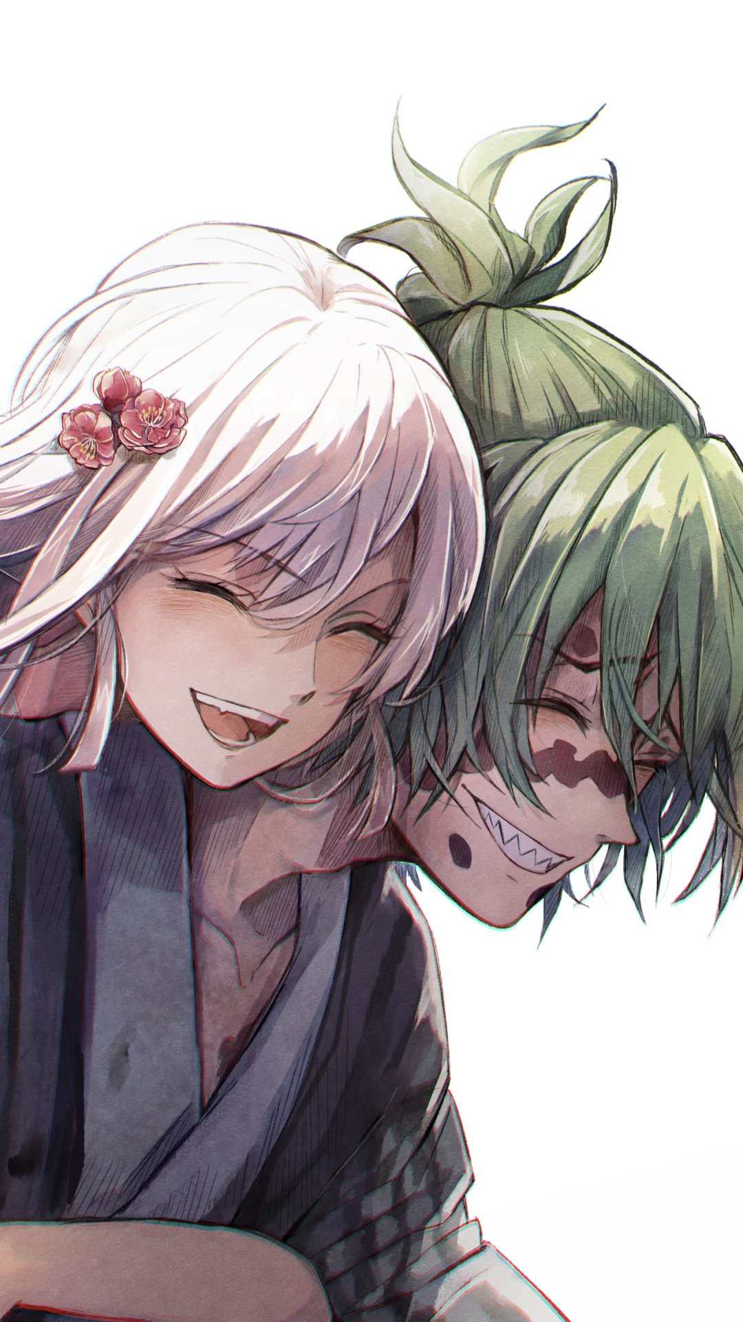 Phone wallpaper of Daki and Gyutaro from Demon Slayer: Kimetsu no Yaiba, close together and grinning—Daki with white hair and a pink hairpin, Gyutaro with green hair and facial markings.