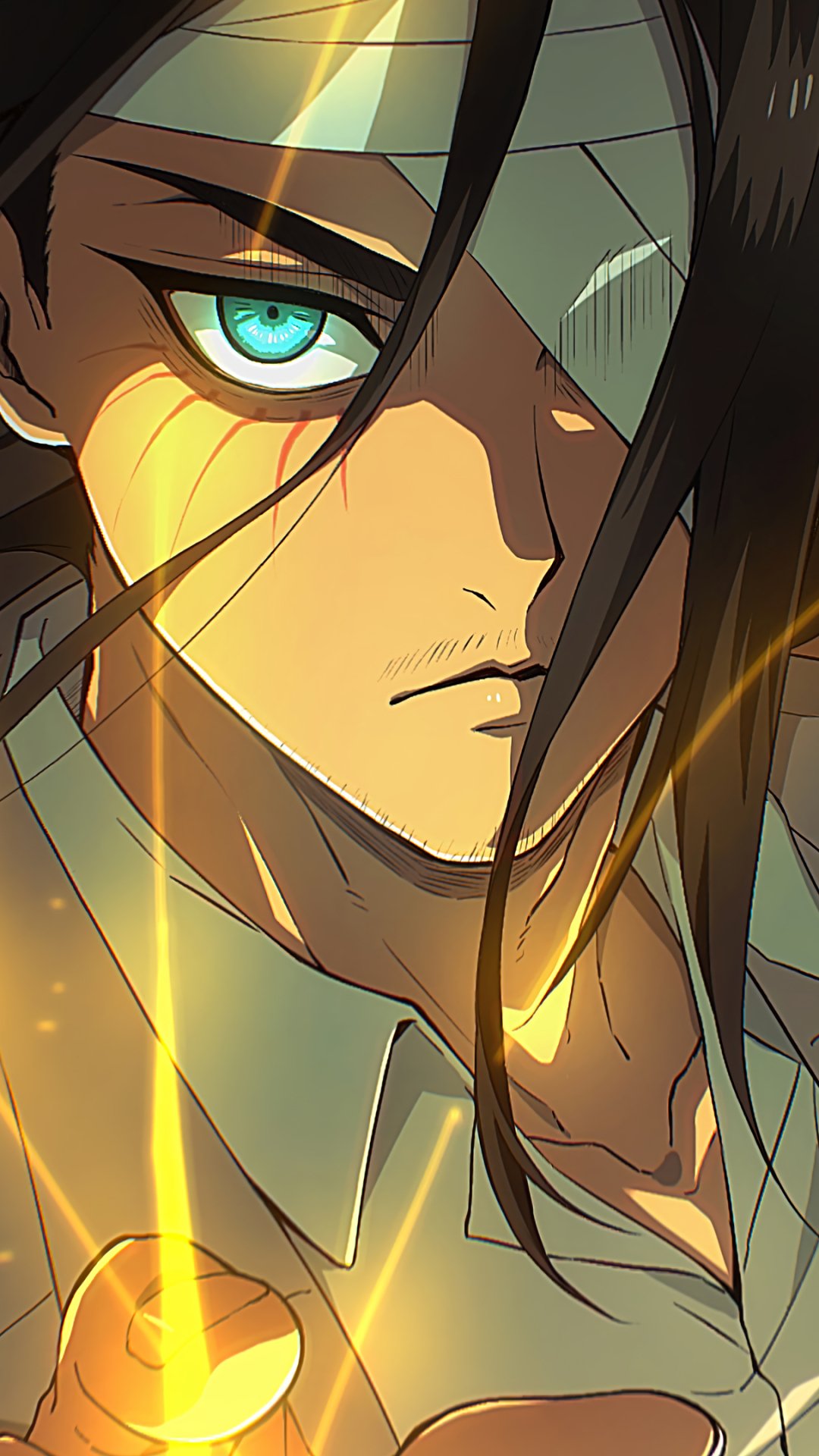 Phone wallpaper: Eren Yeager (Attack on Titan) close-up — bandaged brow, piercing teal eye and grim expression, warm golden light streaks across his face.