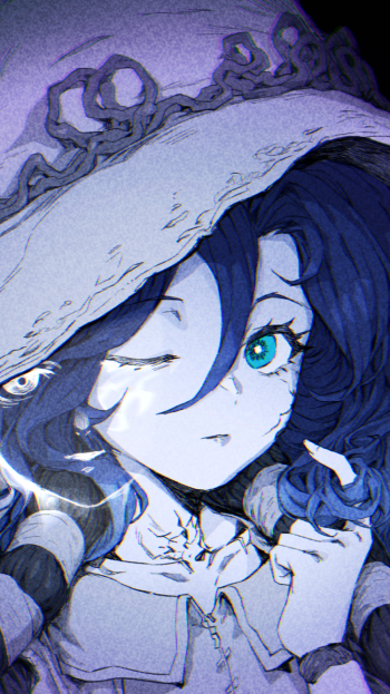 Phone wallpaper of Ranni the Witch (Elden Ring): close-up anime-style portrait with teal eye, pale skin, dark curls and wide-brimmed hat.