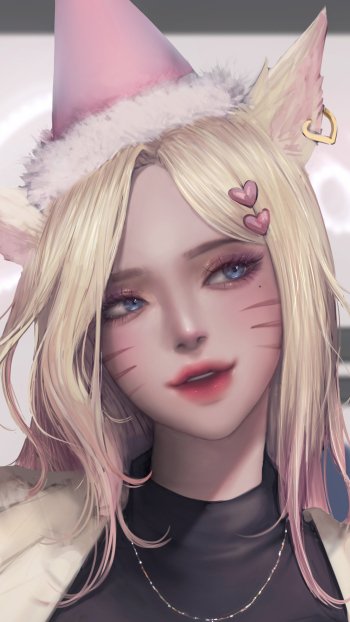 Phone wallpaper of K/DA Ahri from League of Legends — close-up blonde, fox-eared pop star with pink heart clips, whisker markings, a party hat and a soft, playful smile.