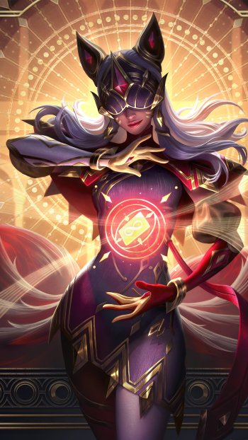 Phone wallpaper of Ahri from the video game League of Legends: fox-eared champion in purple-gold armor, a glowing orb at her chest, dynamic fantasy art for iPhone and Android.