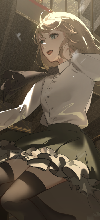 Phone wallpaper of an anime girl — blonde with green eyes, white blouse and frilled skirt, shown from a low angle with wind-swept hair and dramatic sunlight.