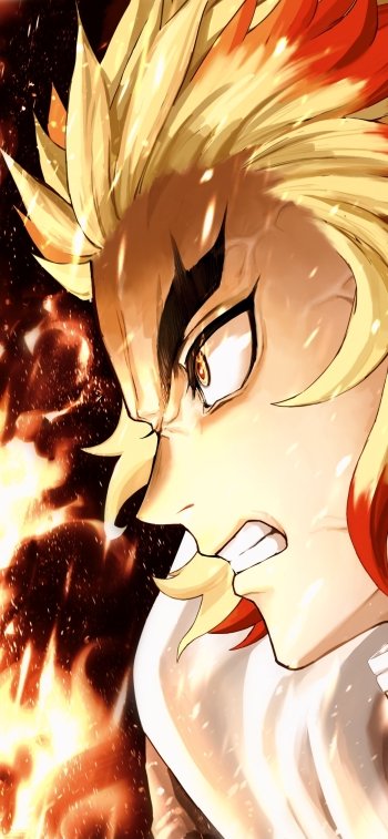 Phone wallpaper of Kyojuro Rengoku (Demon Slayer: Kimetsu no Yaiba) — anime close-up profile with blazing hair, fierce eyes and embers.