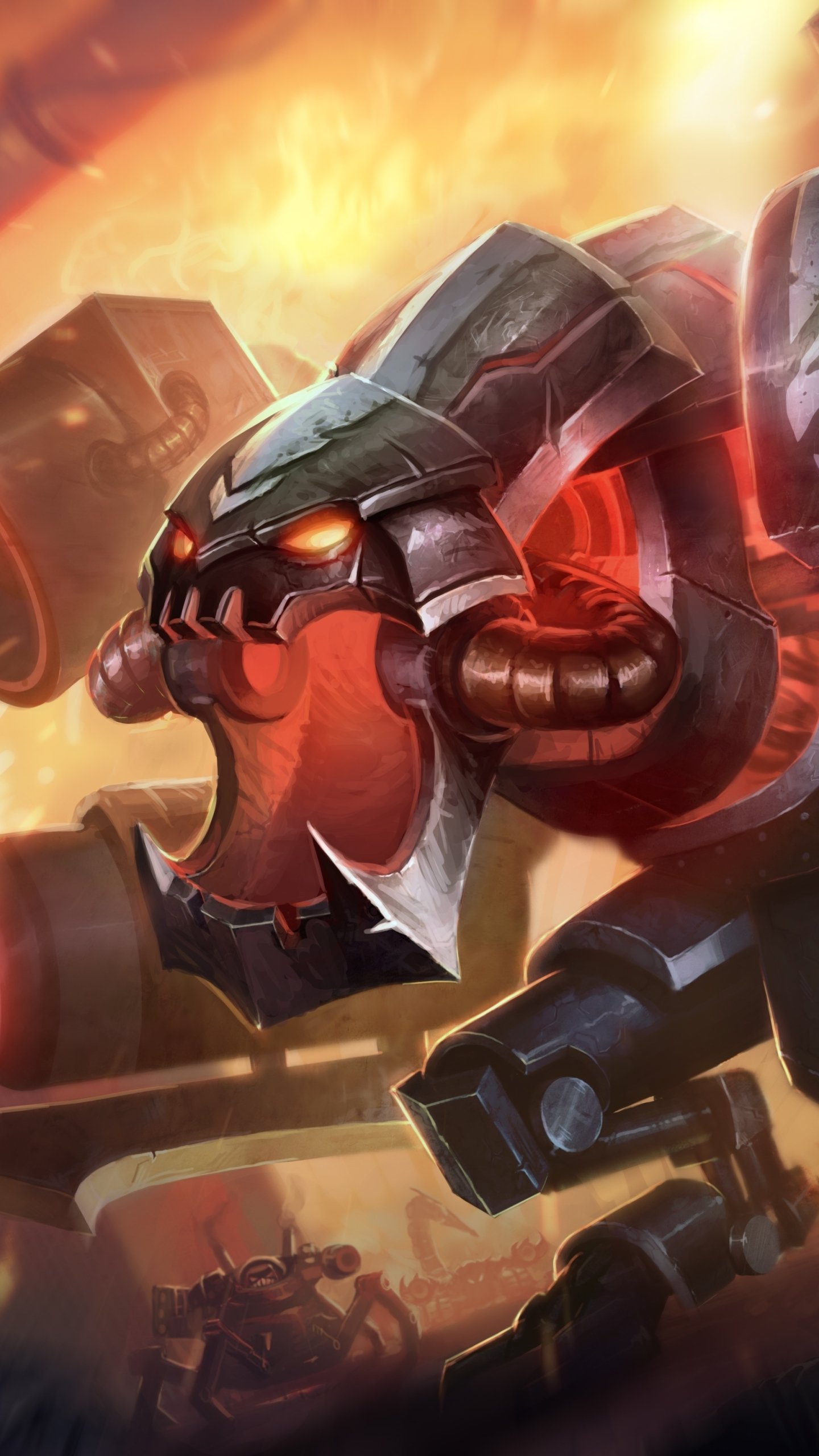 Phone wallpaper of Cho'gath (League of Legends), the video game creature in mecha armor — glowing eyes and gaping maw set against a fiery battlefield.