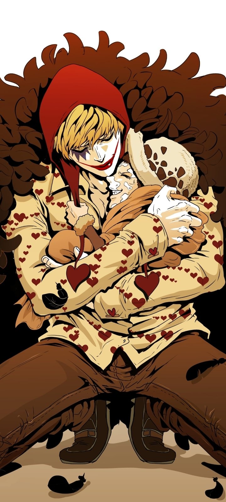 Phone wallpaper of Donquixote Rosinante (Corazon) from One Piece — grinning in a red hood and heart-patterned coat, clutching a small white object against a dark feathered backdrop.