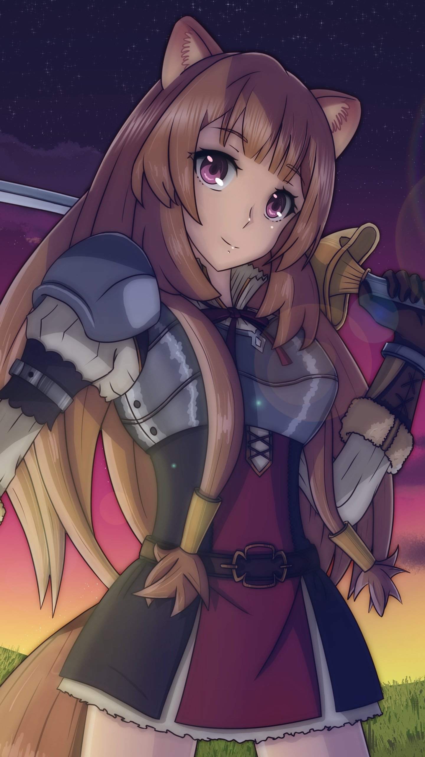 Phone wallpaper of Raphtalia from The Rising of the Shield Hero: anime-style portrait of the sword-wielding demi-human with long brown hair, fox-like ears, and armor at sunset.