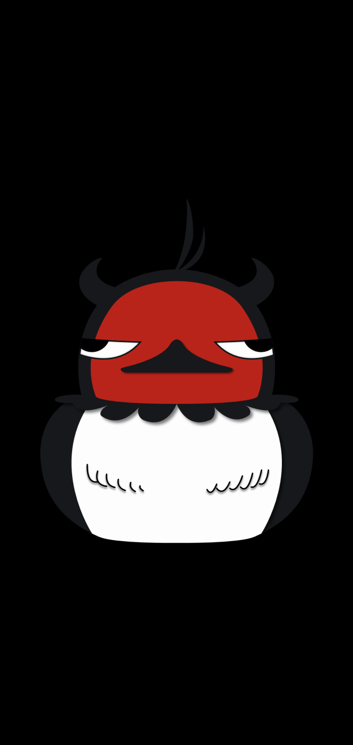 Phone wallpaper: Nero from Black Clover — a minimalist anime depiction of a horned, red-faced bird with droopy eyes and a white belly centered on a solid black background.