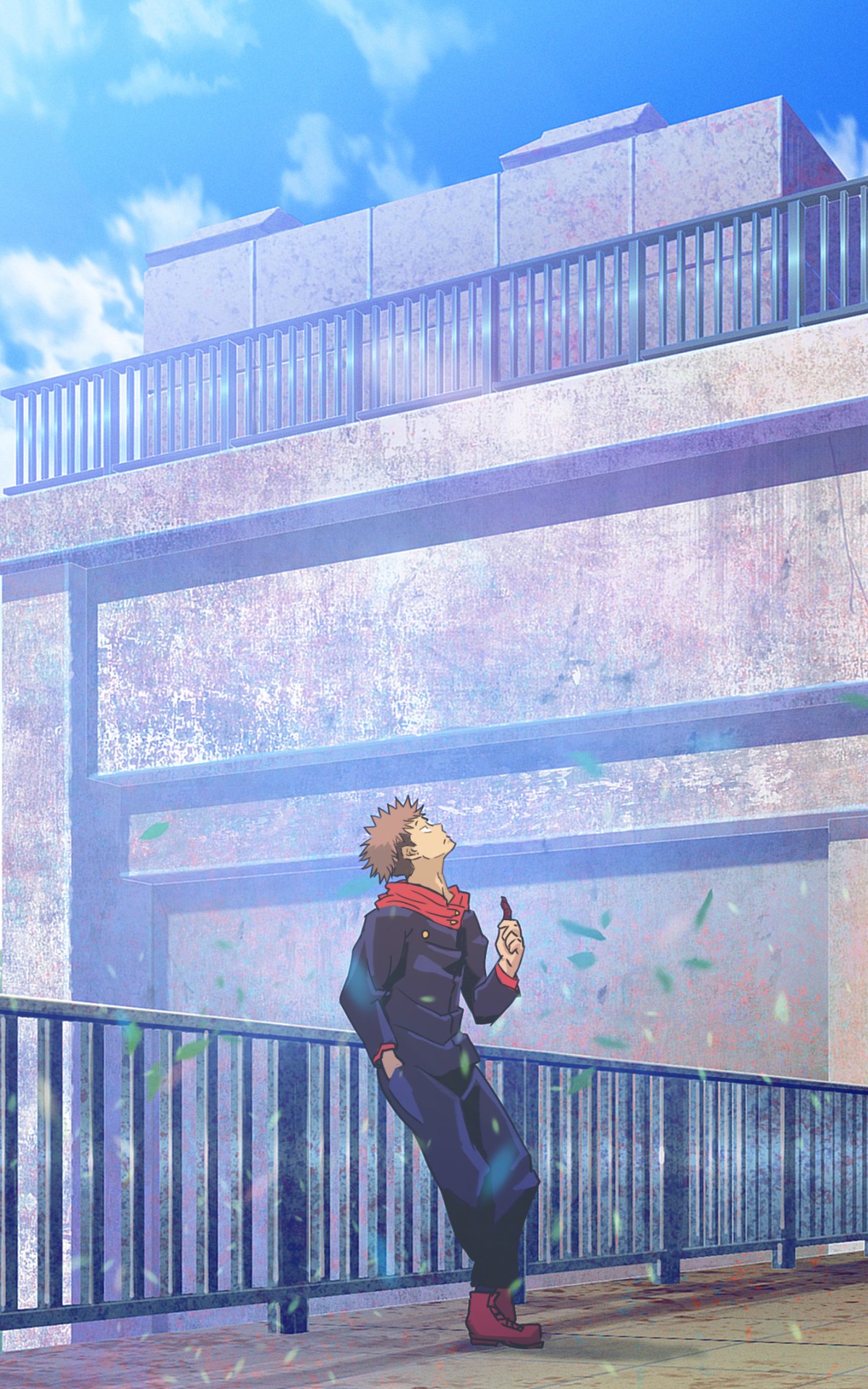 Phone wallpaper of Yuji Itadori from Jujutsu Kaisen — anime-style rooftop scene: he stands by a railing, looking up as petals drift under a bright blue sky.