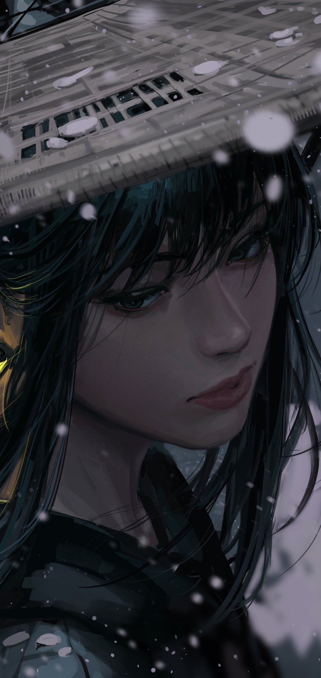 Anime girl phone wallpaper: close-up of a dark-haired girl in a woven hat, snowflakes drifting, moody soft-lit face and contemplative expression.