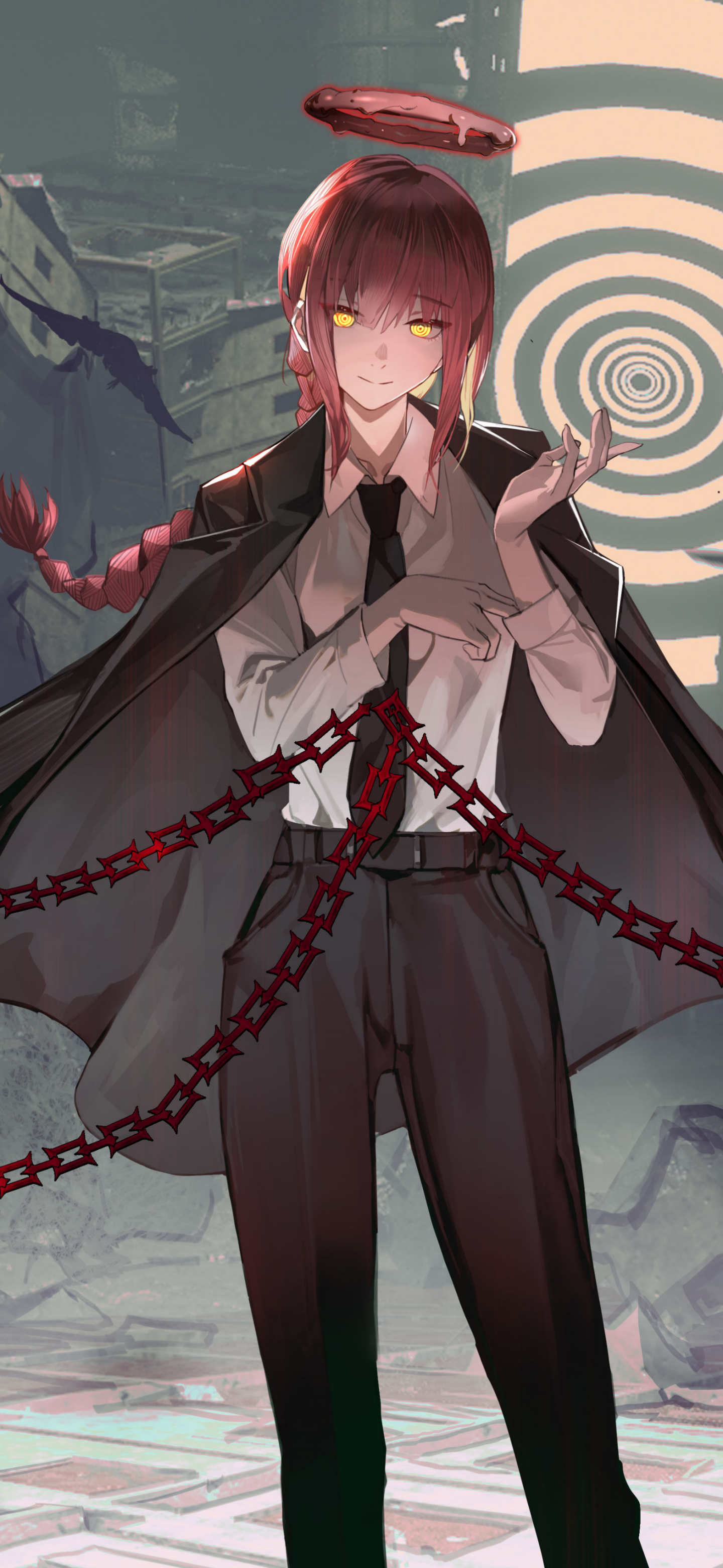 Phone wallpaper featuring Makima from Chainsaw Man anime, with her distinctive red hair, glowing yellow eyes, and red chains against a surreal, spiral background.