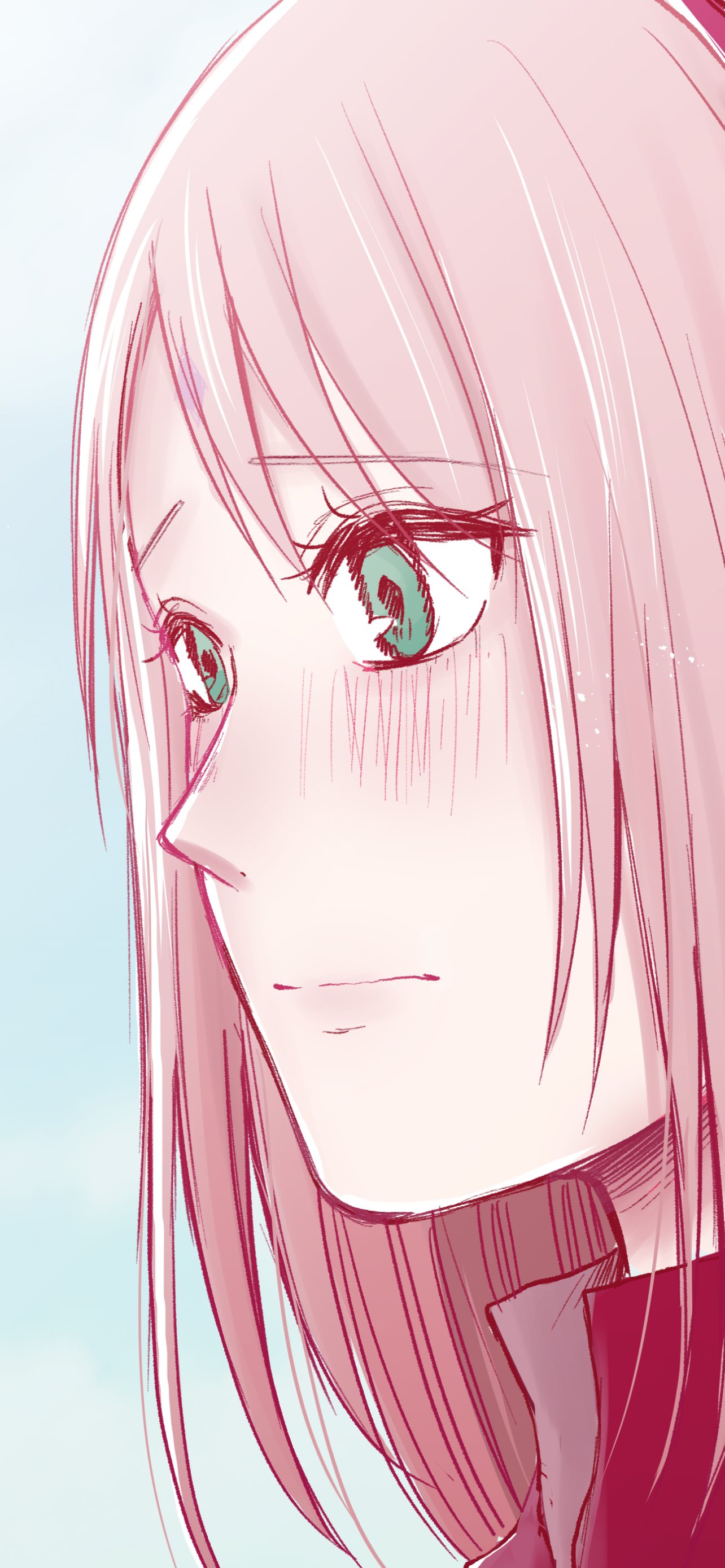 Phone wallpaper of Sakura Haruno from Naruto: soft side profile with pink hair, green eyes, and a gentle blush, looking serene against a pale sky background.