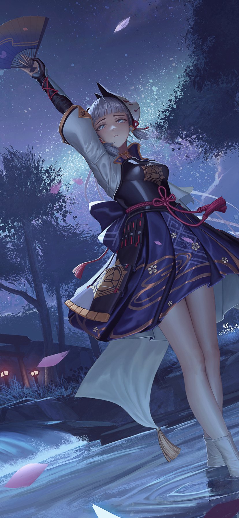 Phone wallpaper of Kamisato Ayaka from the video game Genshin Impact: she poses with a fan under moonlit trees, wearing a blue kimono as petals drift in a serene night scene.