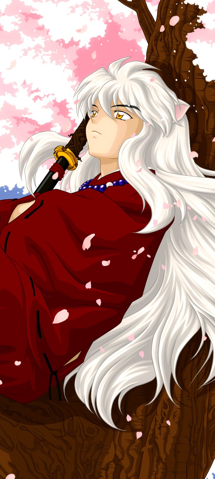 Phone wallpaper of InuYasha (character) from the anime InuYasha: the half-demon in a red robe with long white hair and Tessaiga, leaning against a tree as cherry blossoms fall.