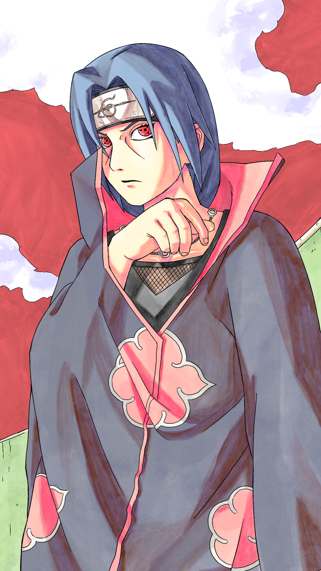 Phone wallpaper featuring Itachi Uchiha from the anime Naruto, designed for display on both iPhone and Android devices.